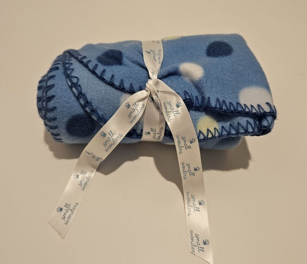NWT Small Wonders Fleece Blue White Contrast Stitch Polka Dot Baby Blanket